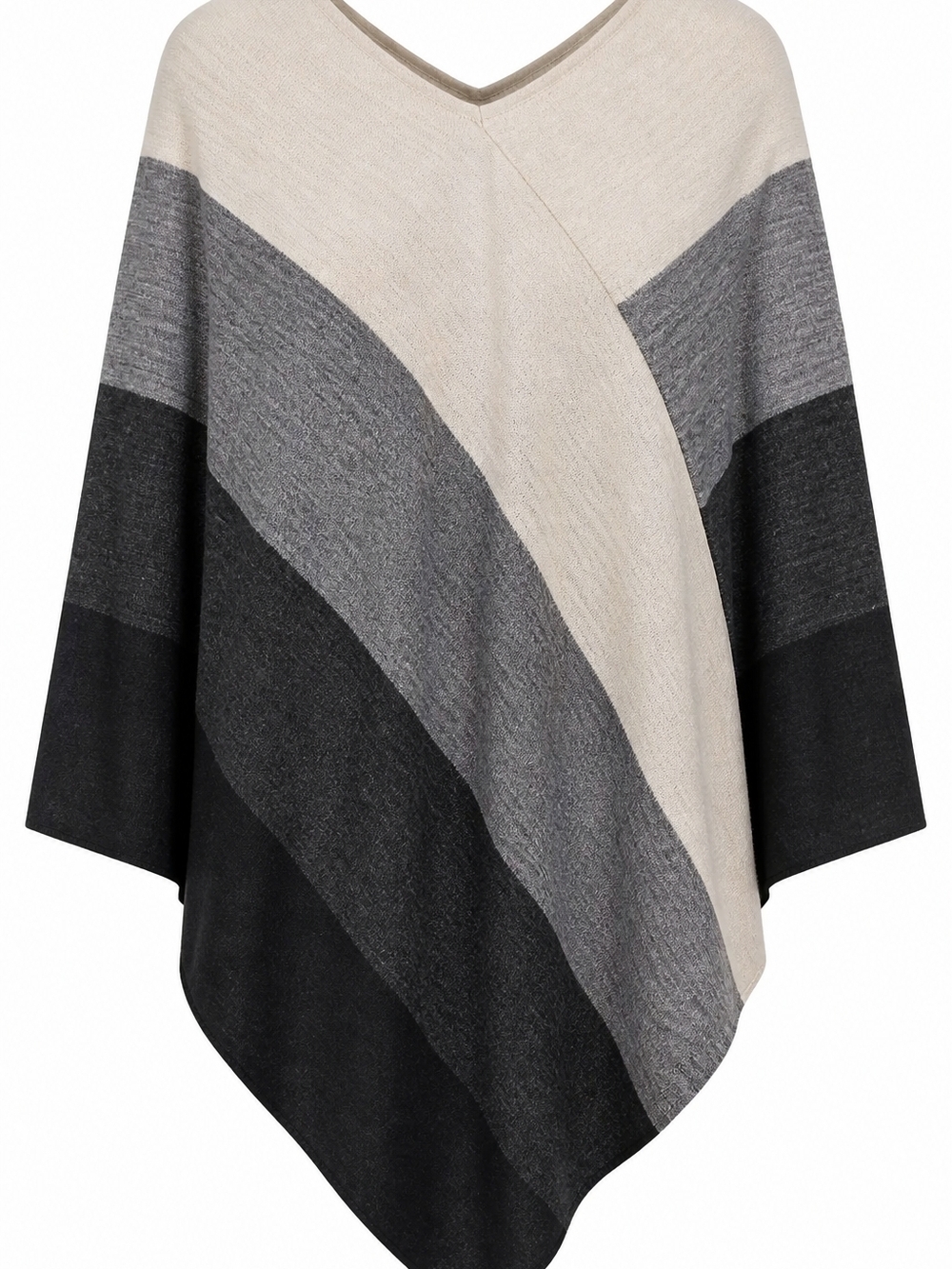 Ellen Tracy ChevrWomen's Striped V-Neck Poncho Sweater in Black, Gray, and Cream